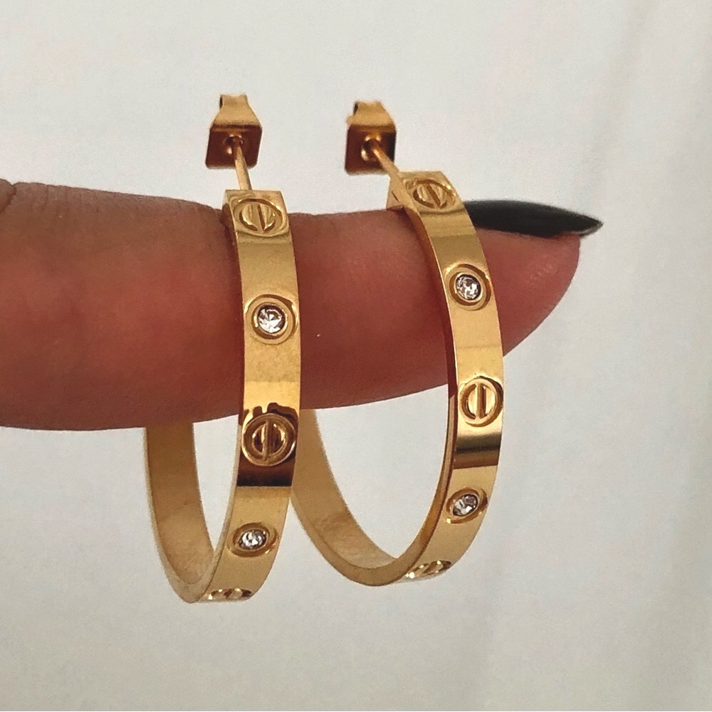 Gold Screw Earrings Zirconia Hoops - Picture 11 of 17